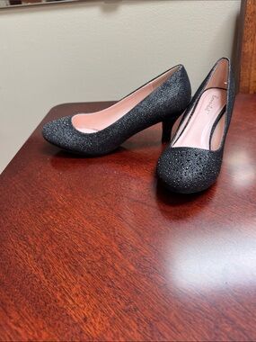 Bonnibel Black Glitter Mid-Heel Pumps